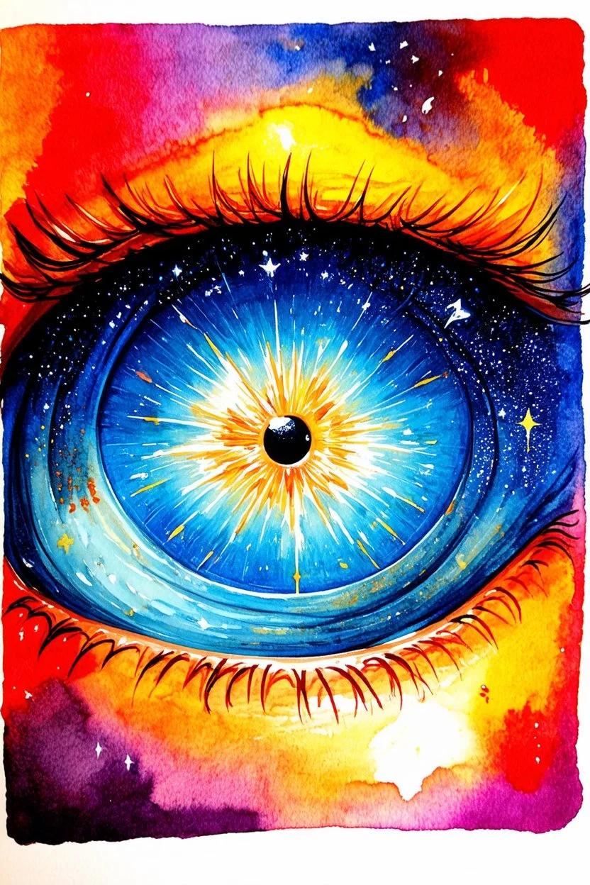 "You hypocrite, first take the plank out of your own eye, and then you will see clearly to remove the speck from your brother’s eye" is a vividly bold, mesmerizing watercolor masterpiece that redefines Modern Lowbrow Celestial art, showcasing a harmonious blend of vibrant colors.