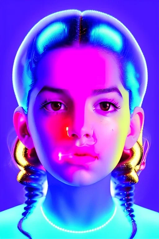 Rosalía artist, Realistic image, natural waist up portrait, perfect eyes, glow, eye liner. sweet face, pigtails hair, spray line make up, glow. lips, gold. big rings piercing, led ornament, pearls. inflatable latex coat, cold, led lights, minimal, neon, pink, blue, gold, vibrant color, highly detailed, art stations, concept art, smooth, unreal engine 5, god lights, ray tracing, RTX, lumen lighting, ultra detail, volumetric lighting, 3d, finely drawn, high definition, 4k.