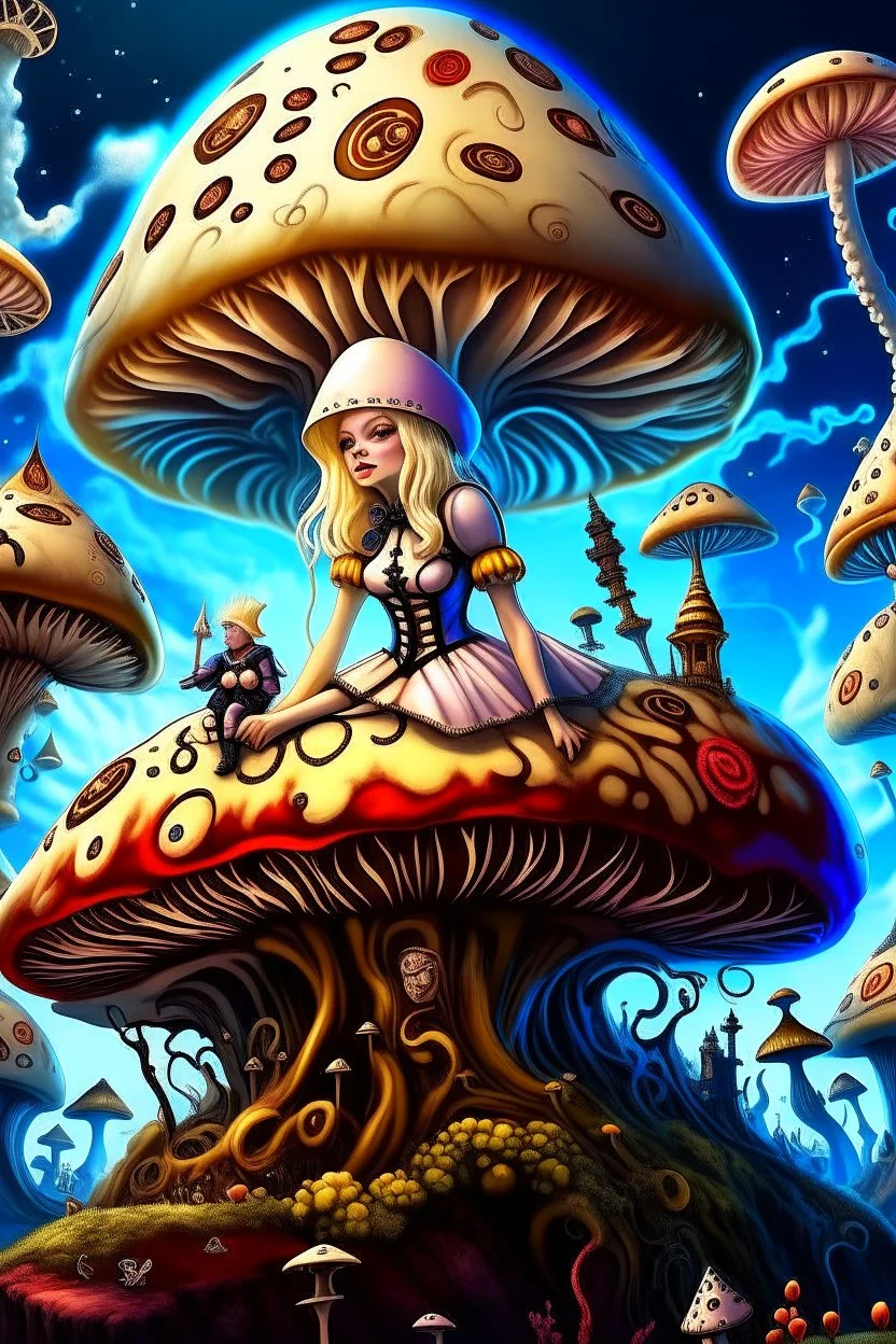 Alice in Wonderland, in a space suit, sitting on a huge mushroom, with tentacles hanging down, in an alien landscape