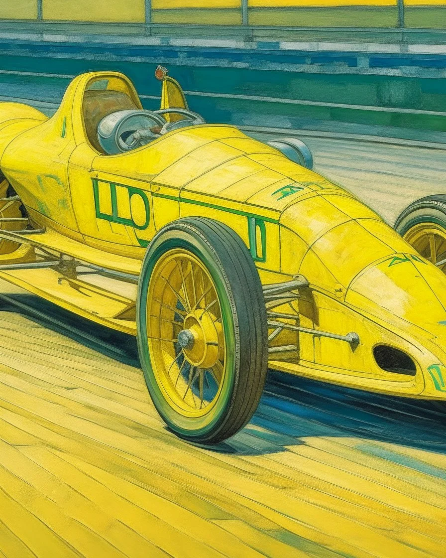 A light yellow racecar on a race track painted by Vincent van Gogh