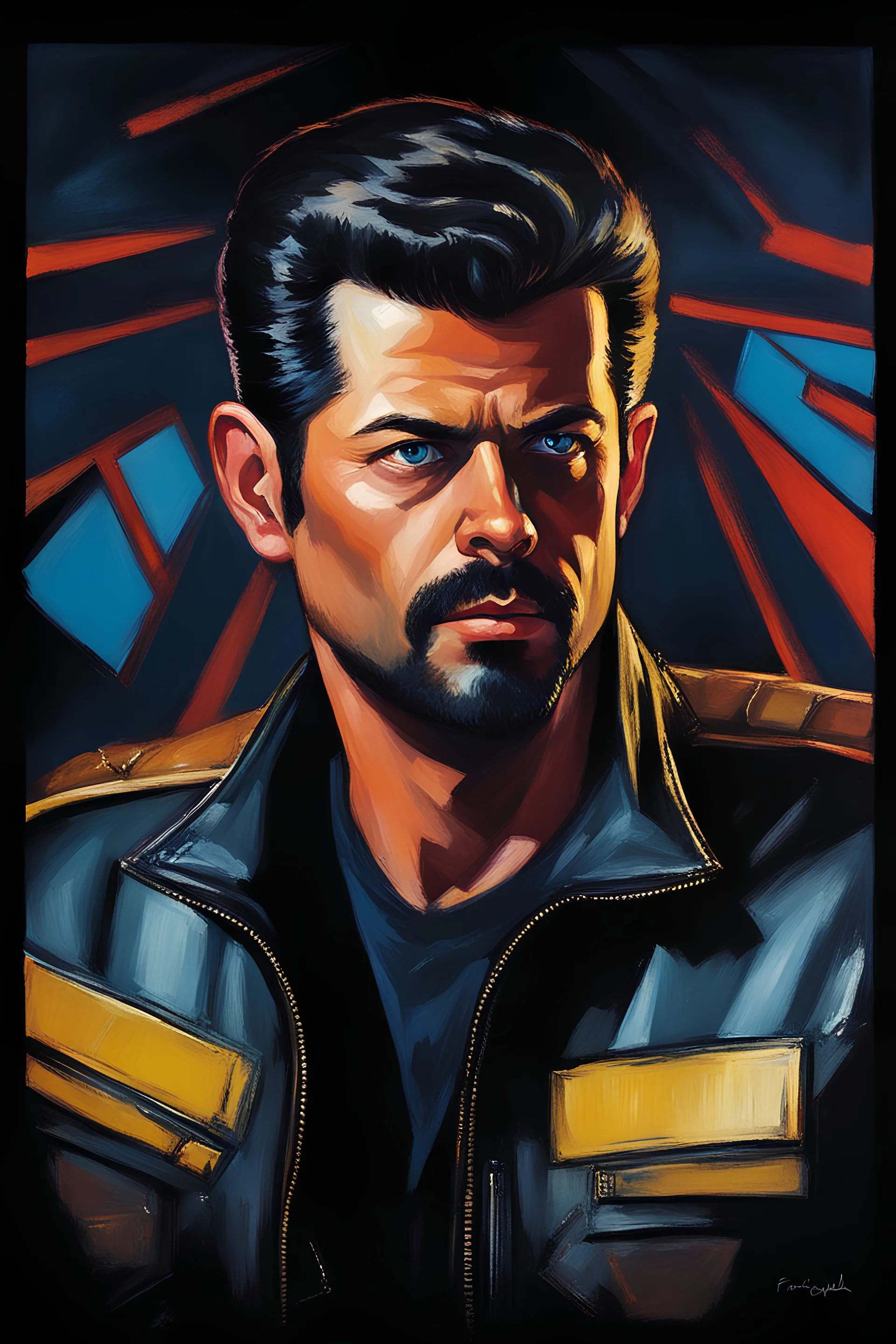 Donald Osmond with crew-cut dark brown hair tapered on the sides, bangs over the forehead, goatee, bushy eyebrows, blue eyes, wearing a leather jacket - resembles Elvis Presley, pitch black background with an overhead spotlight effect, extremely colorful, oil painting by Frank Frazetta