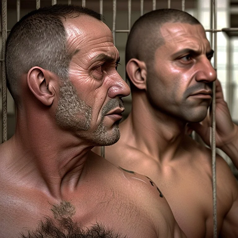 realistic, two italian prisoners 44 years old kissing in prison behind bars, dirty, ugly, bullneck, muscular chubby, in tank top, long hairs, manly chest, misery and poverty, emotive eyes, photo 50mm lens, side view, photorealistic, ultradetailed