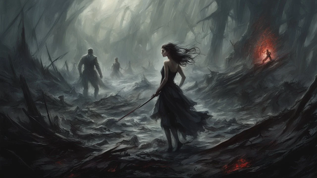 Dark fantasy world, girl, battle, mist, battlefield, Lovecraft's Monster in the background, dark colors, Raymond Swanland & Alyssa Monks & Anna Razumovskaya