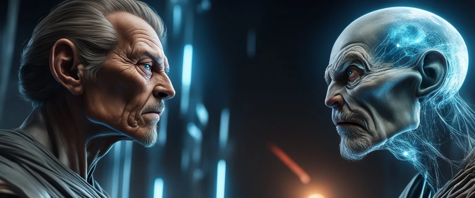 Close-up confrontation between an ancient alien outcast leader and a space broker, standing only a meter apart, intense eye contact, glowing crystalline rod between them, anger mixed with sadness, dramatic facial expressions, shallow depth of field, cinematic lighting, stylized 3D anime, airbrush painting, crisp outlines, escher , rembrandt and titian