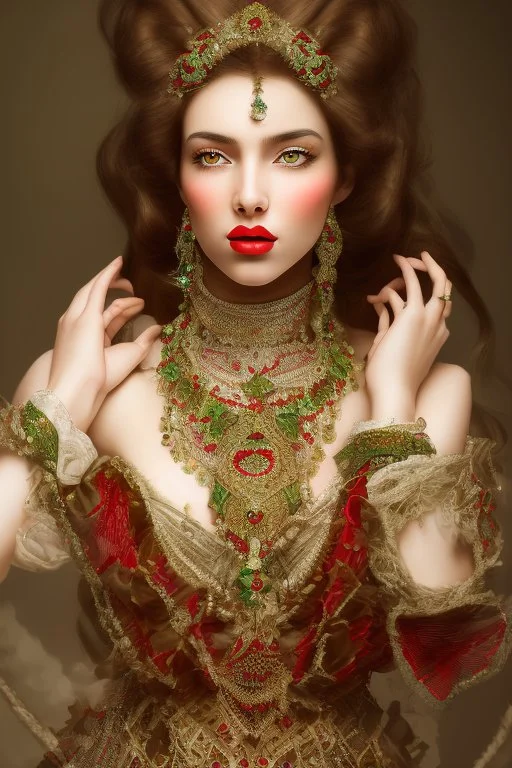 full body shot of A beautiful Arab woman with white skin, brown hair, long curly hair, red cheeks and lips, wearing an elegant red dress from the Victorian era, wearing a necklace and earring made of green sapphire and gold