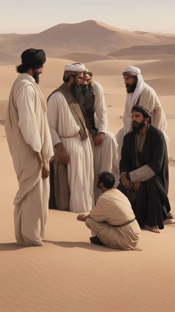 A picture of ten men, in the desert, in old Arab dress, with black hair and a thick beard, talking to each other.