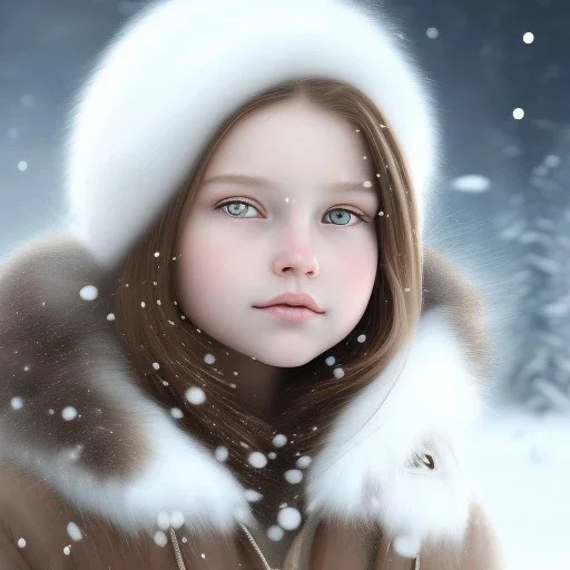 Portrait of girl child with brown hair and with cute face, north pole snowy vibe , perfect composition, hyperrealistic, super detailed, 8k, high quality, trending art, trending on artstation, sharp focus, studio photo, intricate details, highly detailed, by greg rutkowski