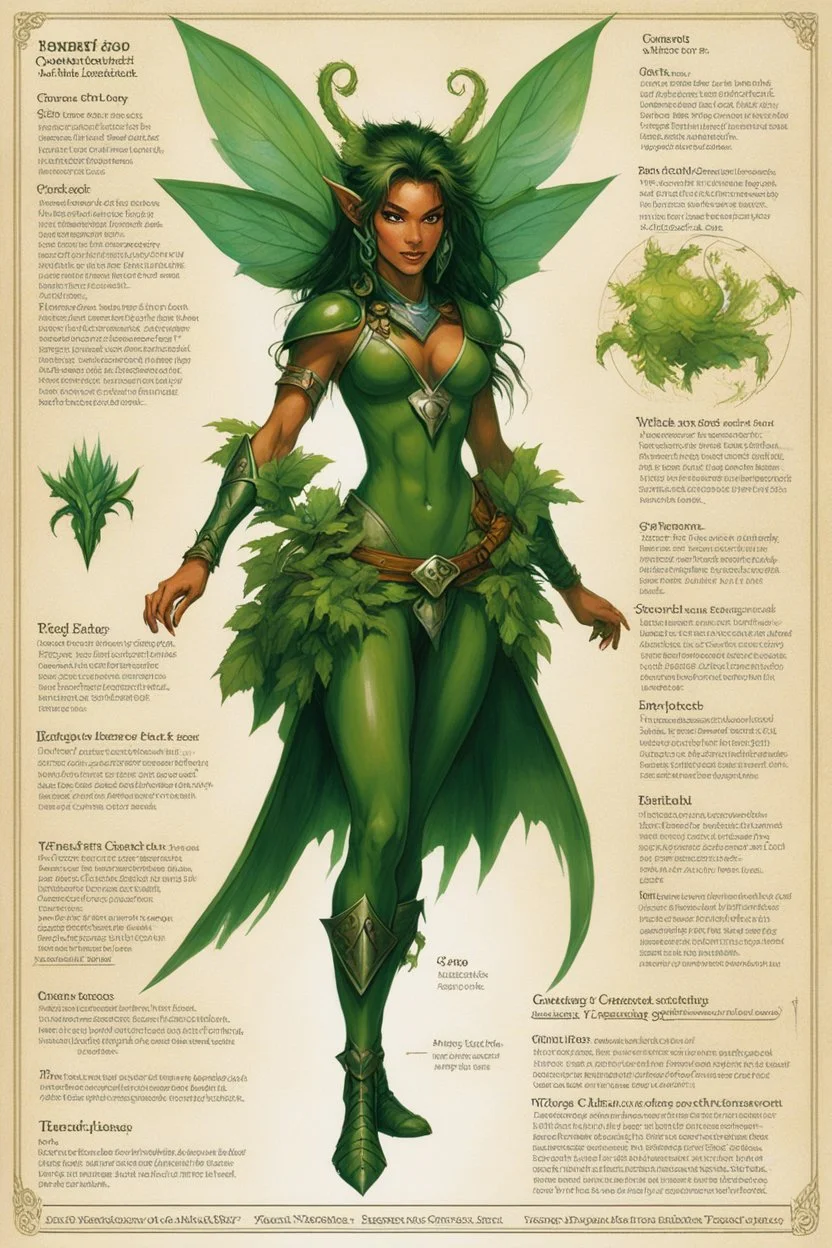 character concept sheet with AD&D statistics and characteristics, [illustration by Jeff Easley] playable class of vegetal shape shifting faerie
