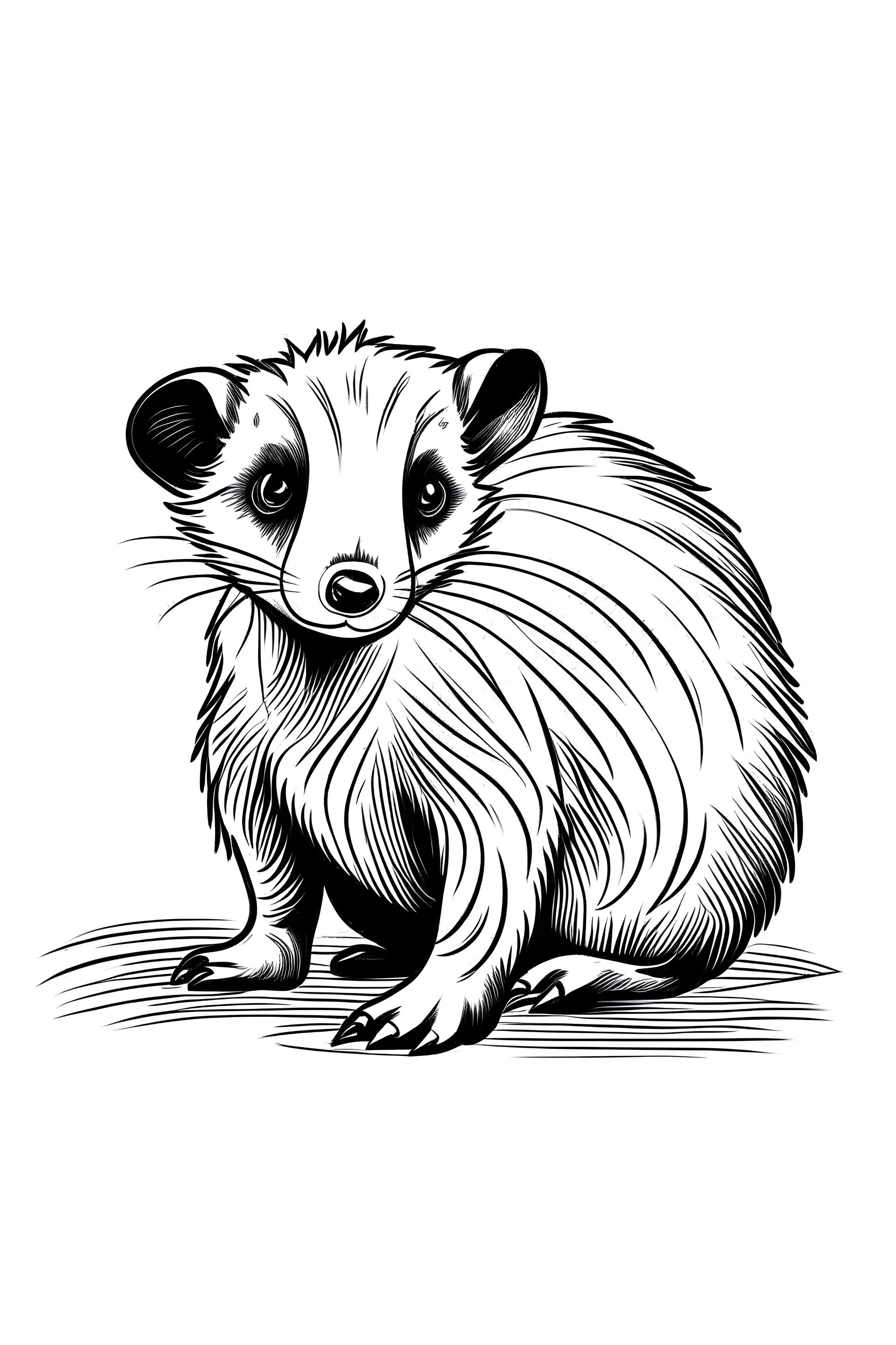 • Simple on line draw for kids of a cute tiny cartoon 'American Badger' inolated on white, white background, without color, black and white, full image