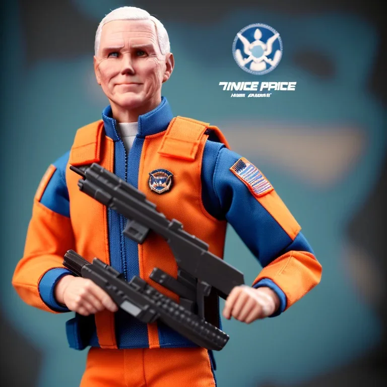 large pile of face Mike Pence G.I. Joe toy Doll spaceforce uniform, orange blue fabric, gun, wall packaging for sale, bright pricetag, finger, empty box