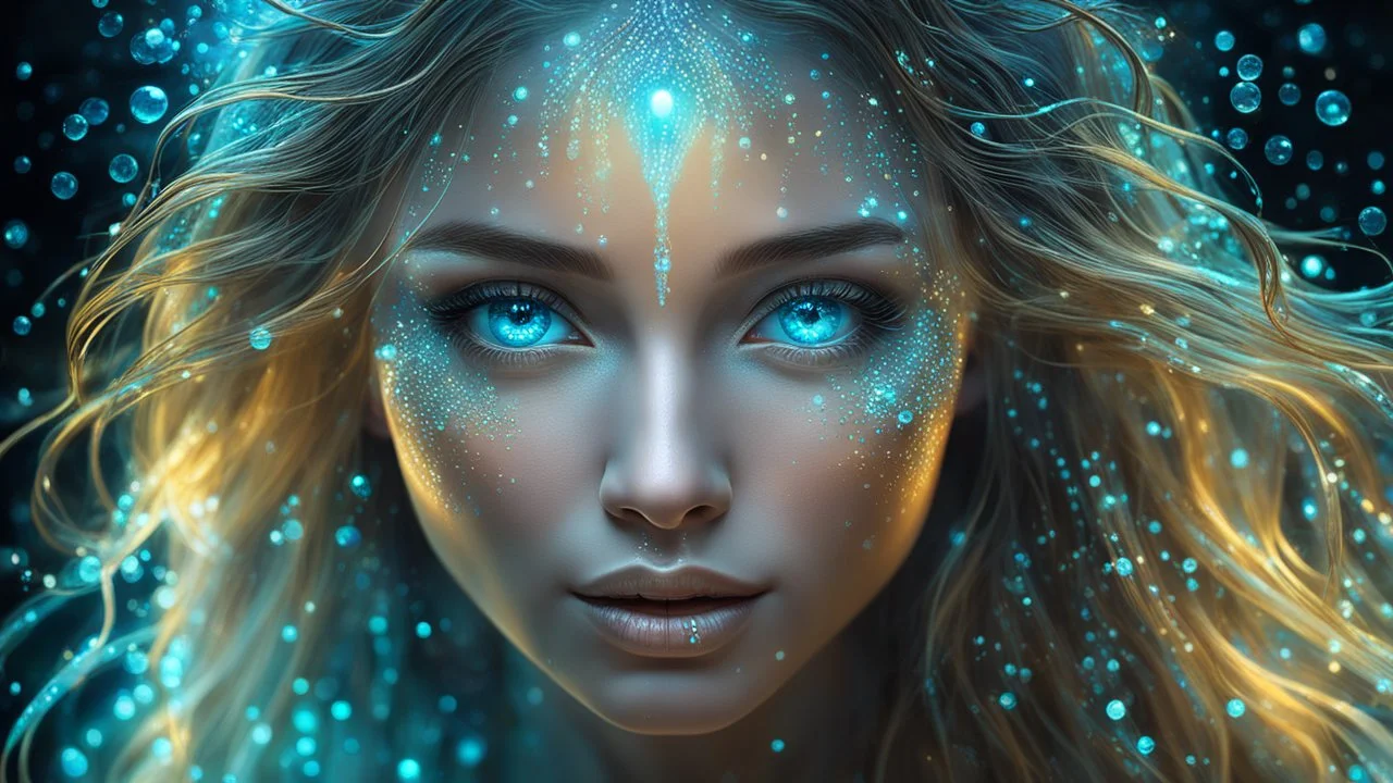 The photo is done in a bioluminescent and bioluminescent art style depicting a divine woman, Bioluminescent dewy translucent glowing skin, ethereal glowing eyes, long neck, perfect face in ultra-realistic details, flowing hair, The composition imitates a cinematic film with dazzling, golden and silver lighting effects. Intricate details, sharp focus, crystal clear skin create high detail. 3d, 64k, high resolution, high detail, computer graphics, hyperrealism, f/16, 1/300 sec.