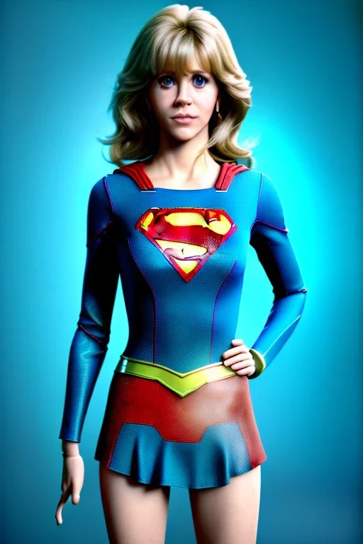 portrait, teenager, Jane Fonda, make-up, happy, satisfacer dildo advertising, Realistic image, 60s, supergirl, tights minimal dress, sweat, Color background, photo studio, concept art, smooth, unreal engine 5, god lights, ray tracing, RTX, lumen lighting, ultra detail, volumetric lighting, 3d, finely drawn, high definition, 4k.