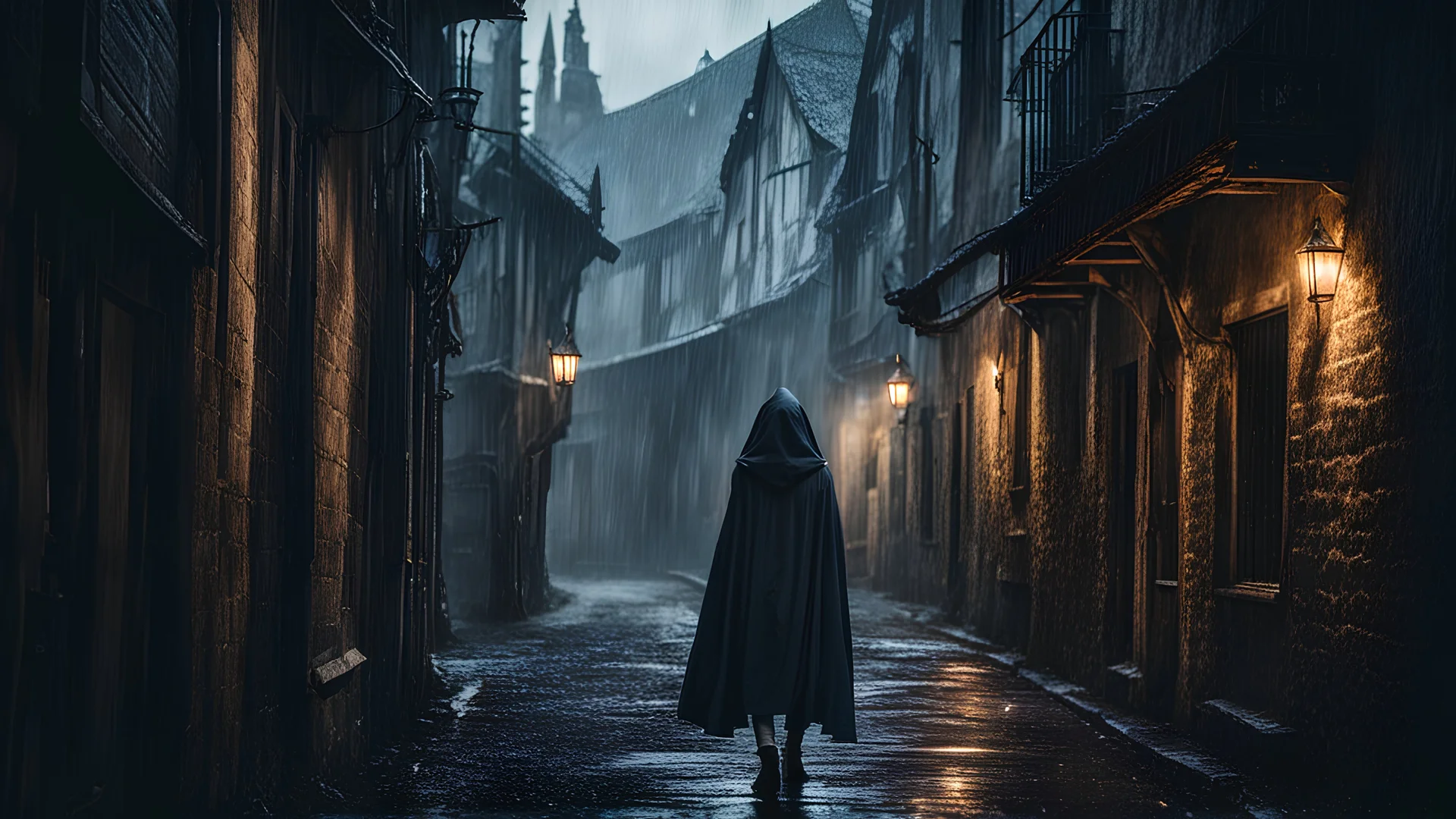 a woman in a hood walking down a dark medieval alley in the rain