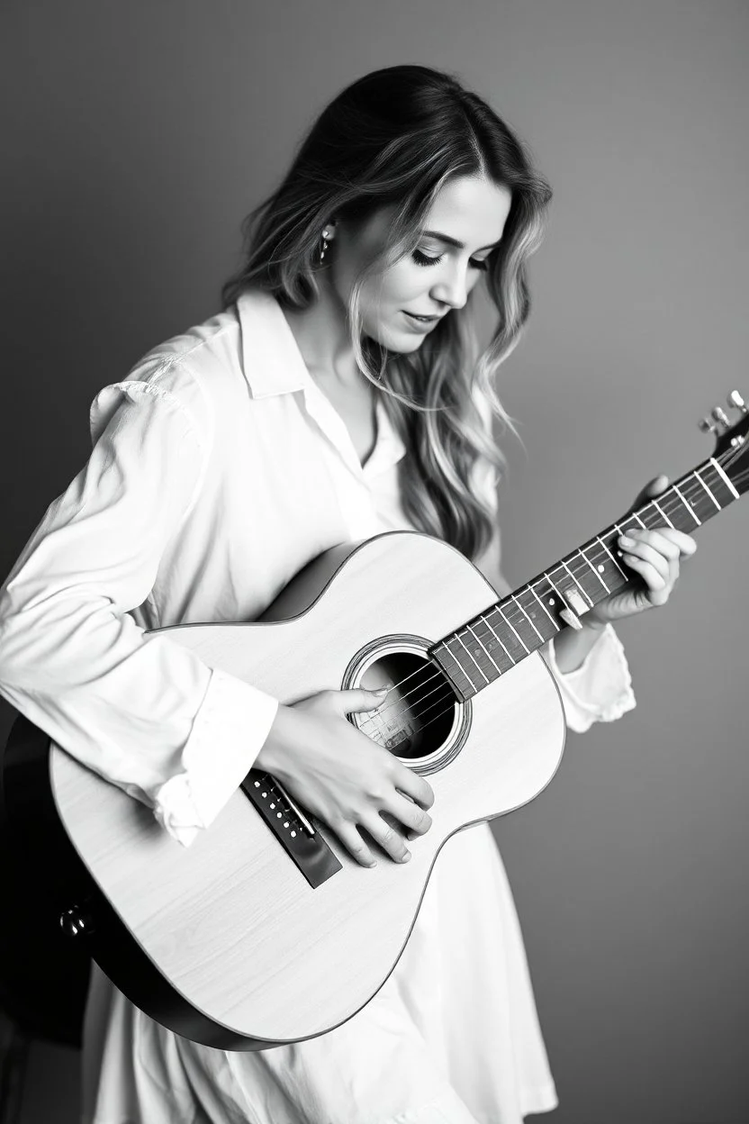 beautiful woman playing acoustic guitar in mid west blck and white old photto