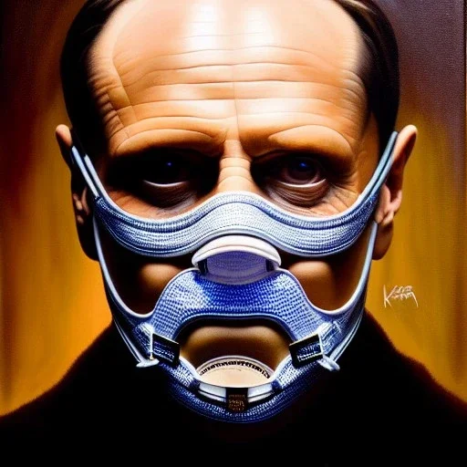 Ultra detailed fullbody Portrait in oil on canvas of Hannibal Lecter with mask, extremely detailed digital painting, extremely detailed face,crystal clear Big Glowing eyes, mystical colors ,perfectly centered image, perfect composition, rim light, beautiful lighting, 8k, stunning scene, raytracing, anatomically correct, in the style of robert e howard and Ken Kelley and Ohrai Noriyoshi and Simon Bisley and tomzj1