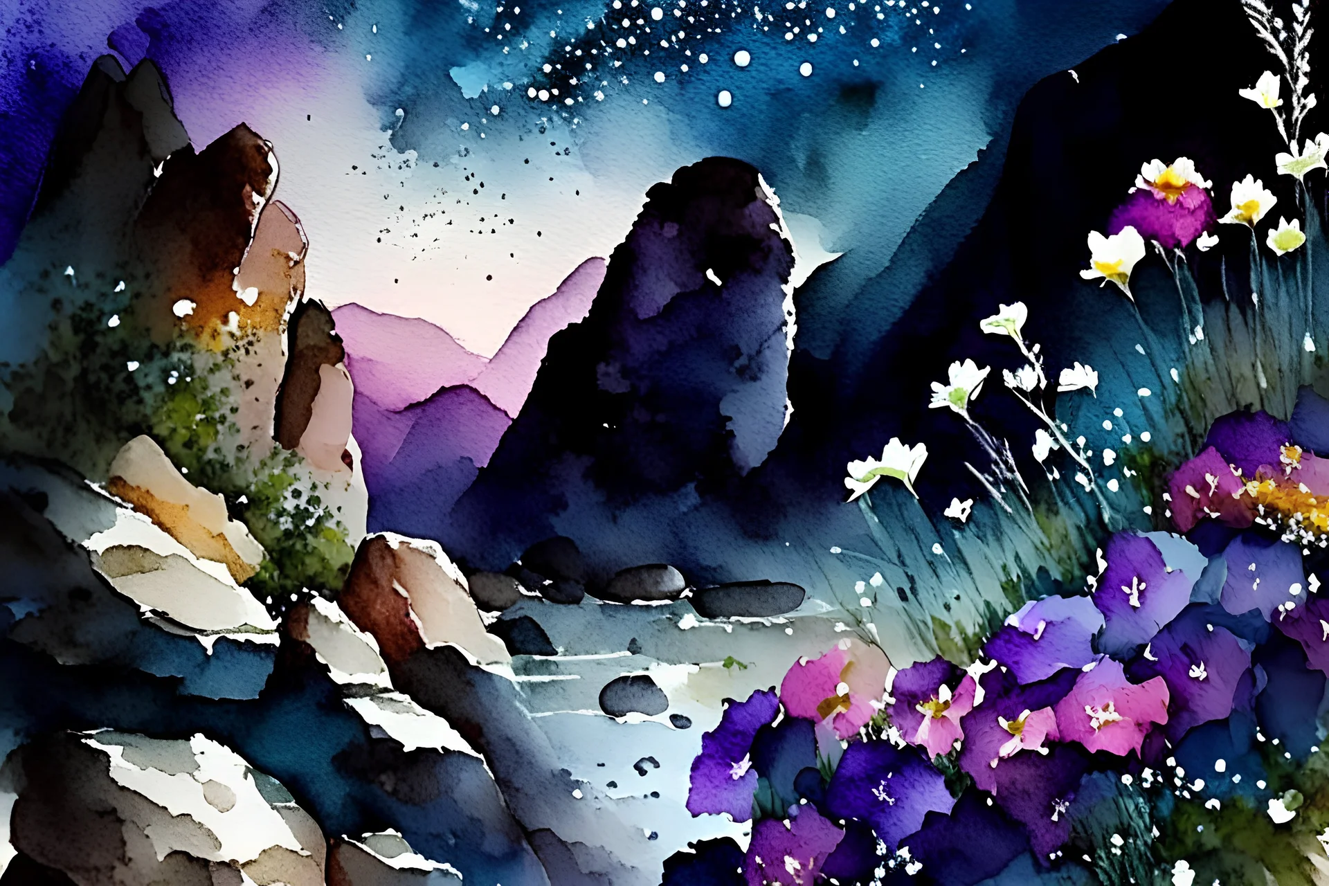 night , flowers, rocks, mountains, watercolor paintings