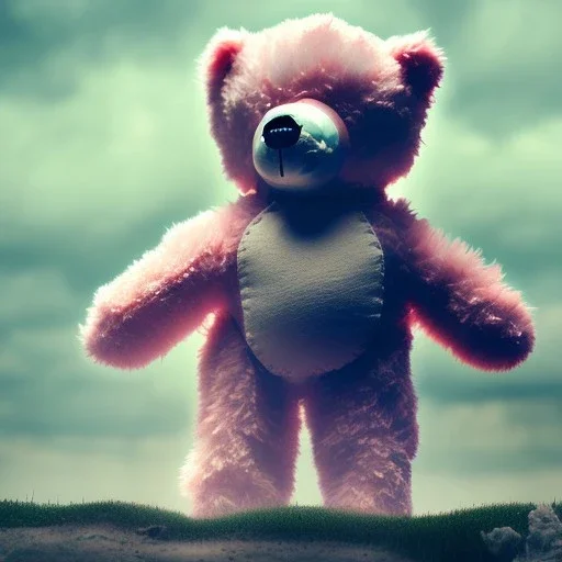 post apocalyptic setting with pastel pink teddy bear sitting on the ground