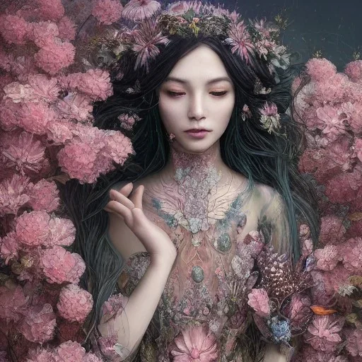 Insanely detailed photograph of an “portrait of gorgeous spring goddess ” with intricate hair, intricate embroidered dress, beautiful clear face and hyperdetailed painting by Ismail Inceoglu Huang Guangjian and Dan Witz CGSociety ZBrush Central fantasy art album cover art,8K, hdr, romantic, mysterious, ominous, beautiful flowers, jewelry, comfort, natural eyes,naked,tasteful