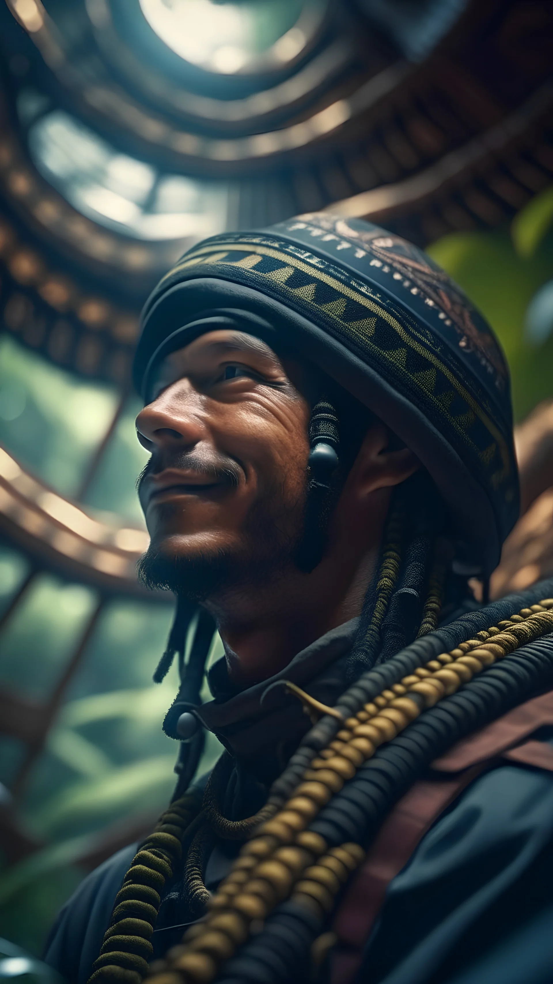 close up portrait of a happy blessed buffalo soldier in a space alien mega structure with stairs and bridges woven into a sacred geometry knitted tapestry hammock over an ant hill in the middle of lush magic jungle forest, bokeh like f/0.8, tilt-shift lens 8k, high detail, smooth render, down-light, unreal engine, prize winning