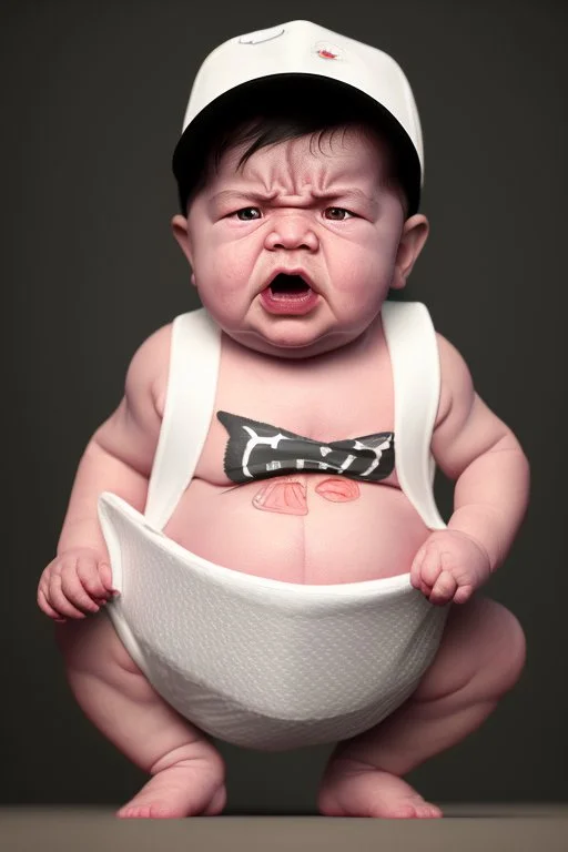 Portrait of an angry baby, fat stomach, diaper, mafia hat, sigar