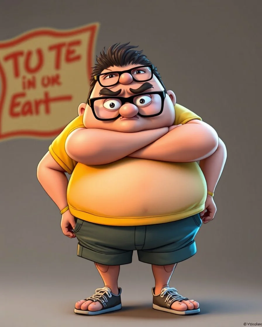 A character image of a fat Iván Duque Márquez wearing specks and shorts, a little angry.