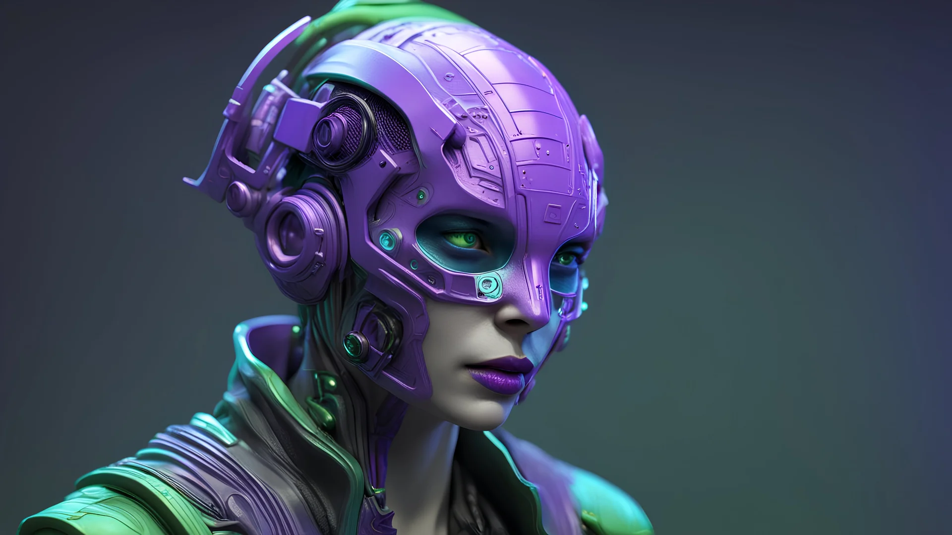 cyberpunk neoromancer and alien based 3D Print of an cyberpunk masked neuromancer dystopian mage, semi realistic human render, blender, ultra detailed, purple, blue and green, Controlled Randomness, depth of vision, depth of field, sharpness 35%, Low Light Photography, Unreal Engine 5, OctaneRender, object illumination, ambient occlusion, metallic texture, static background, aesthetic, cyber, glossy, glow, bloom, surrealism,