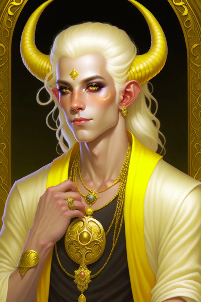 young man tiefling with white blonde hair and lots of gold jewelry, wearing white and gold