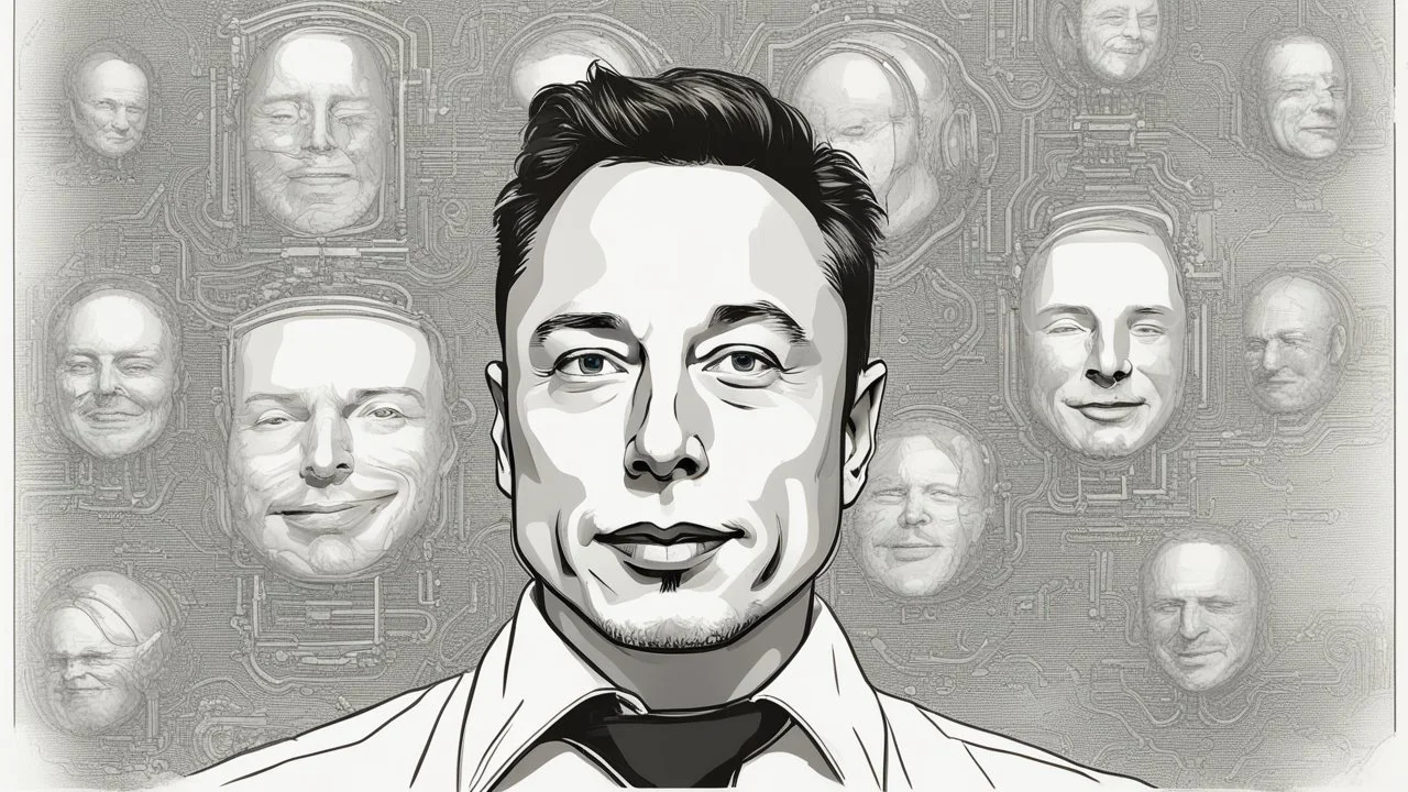 "A captivating image blending the brilliance of tech pioneer Elon Musk with cutting-edge artificial intelligence technologies. Musk is clearly visible, facing the camera with a confident smile that reflects his assurance and enthusiasm. Amidst his face's candid charm, advanced robotic elements are integrated, showcasing the synergy of human ingenuity and AI advancements. This image embodies the perfect balance between humanity and technology, echoing Musk's visionary approach to shaping the futu