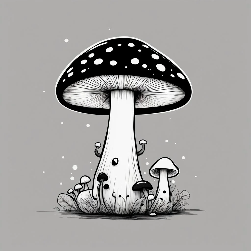 mushroom, black and white, cartoon, drawing, cute, creature, simple