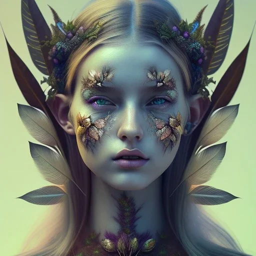 Portrait of beautiful girl, plant, metal, feathers, Dryad, fae, sidhe, ominous, nature, plants, wildflower, facepaint, dnd character portrait, intricate, oil on canvas, masterpiece, expert, insanely detailed, 4k resolution, retroanime style, cute big circular reflective eyes, cinematic smooth, intricate detail , soft smooth lighting, soft pastel colors, painted Renaissance style,bokeh, 800mm lens