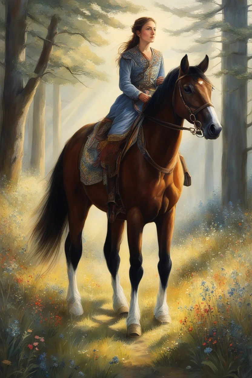 Beautiful artwork!(1842-1903) With her weathered boots and a heart filled with wanderlust, Isabella "Wildflower" roamed the untamed fr. This is amazing! I love how the light glints off everything, giving stark contrast to the shadows. There must be some deer or elk up ahead since the horse has his ears perked forward and with an intent gaze of interest. The young lady looks like she is enjoying herself alone with her friend while plodding downstream through the lazy creek. Thank you for sharing.