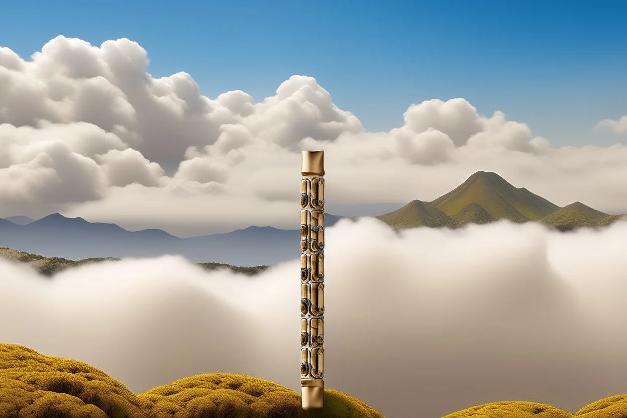 A beige mountain in the clouds with African pan flutes designed in ancient Greek mosaics