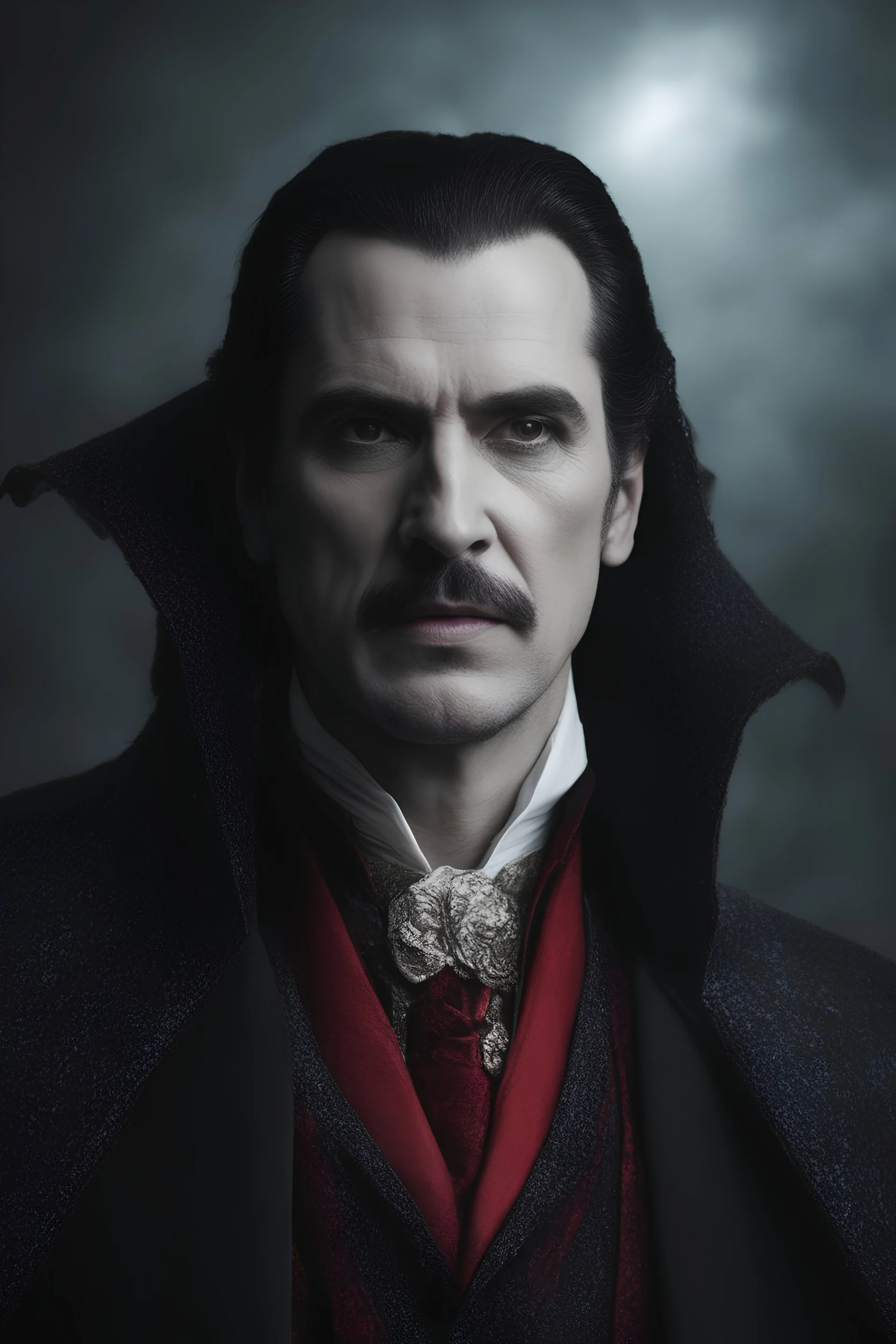 Count Dracula - full color - 32k, UHD, 1080p, 8 x 10, glossy professional quality digital photograph - dark foggy gradated background, historic, powerful, octane rendering, exquisite detail, 30 - megapixel, 4k, 85 - mm - lens, sharp - focus, intricately - detailed, long exposure time, f8, ISO 100, shutter - speed 1125, diffuse - back - lighting, ((skin details, high detailed skin texture)),