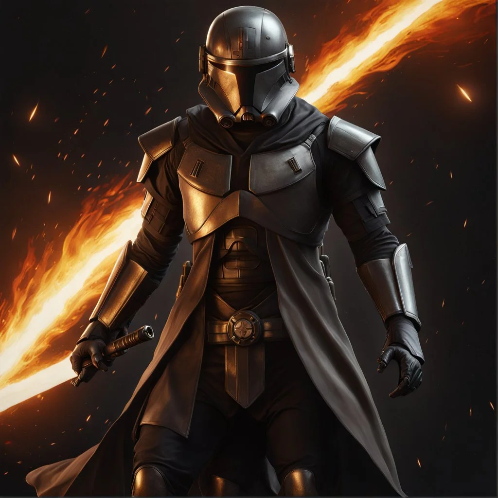 star wars bald male corellian pilot wearing pearlescent black and gunmetal grey First Order special forces heavy assault stealth commando armor and helmet with gold trim inside the jedi temple, hyperdetailed, dynamic lighting, hyperdetailed background, 8k resolution, volumetric lighting, light skin, fully symmetric details