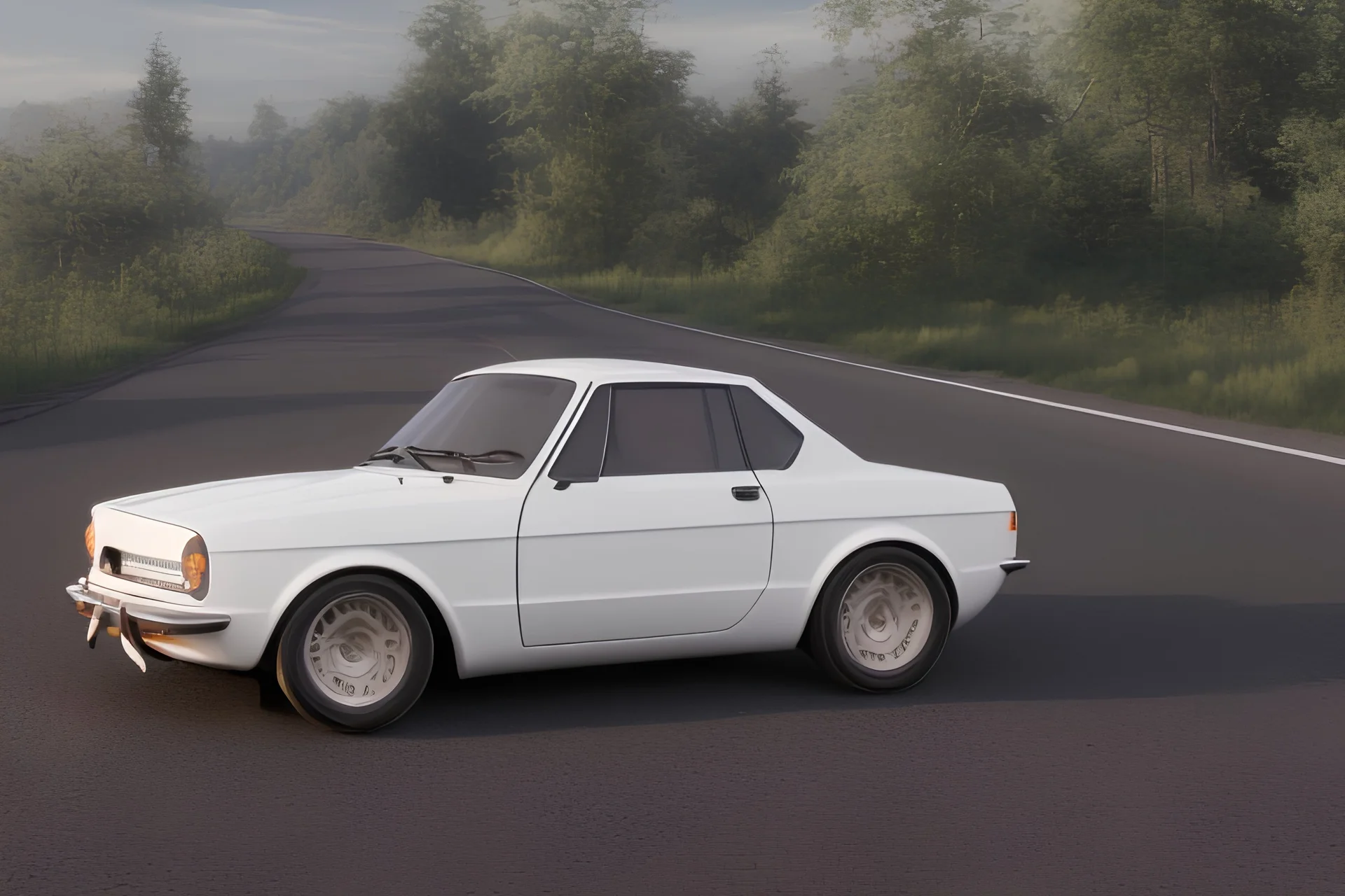 a white Alfa Romeo 75 car drifting on a country road in a sunset day of summer