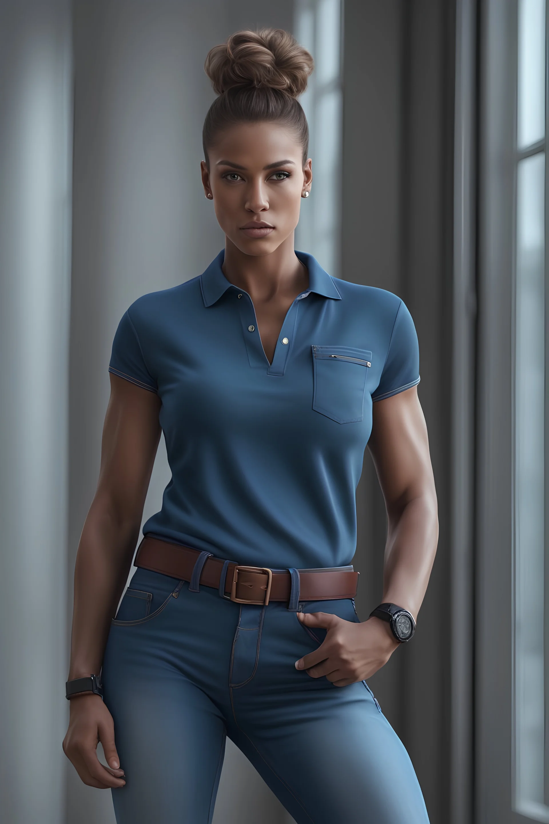 a very muscular female mother dressed polo t-shirt and blue jean pant with hair styled into a professional bun with a very masculine body structure and standing with hands in pocket facing front in a photorealistic picture