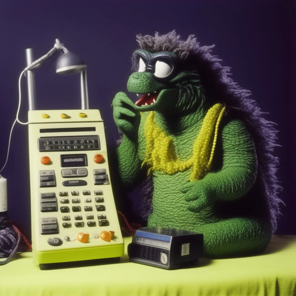 Godzilla as a muppet kawaii calling phone using a nokia, studio photo. Magazine 1980