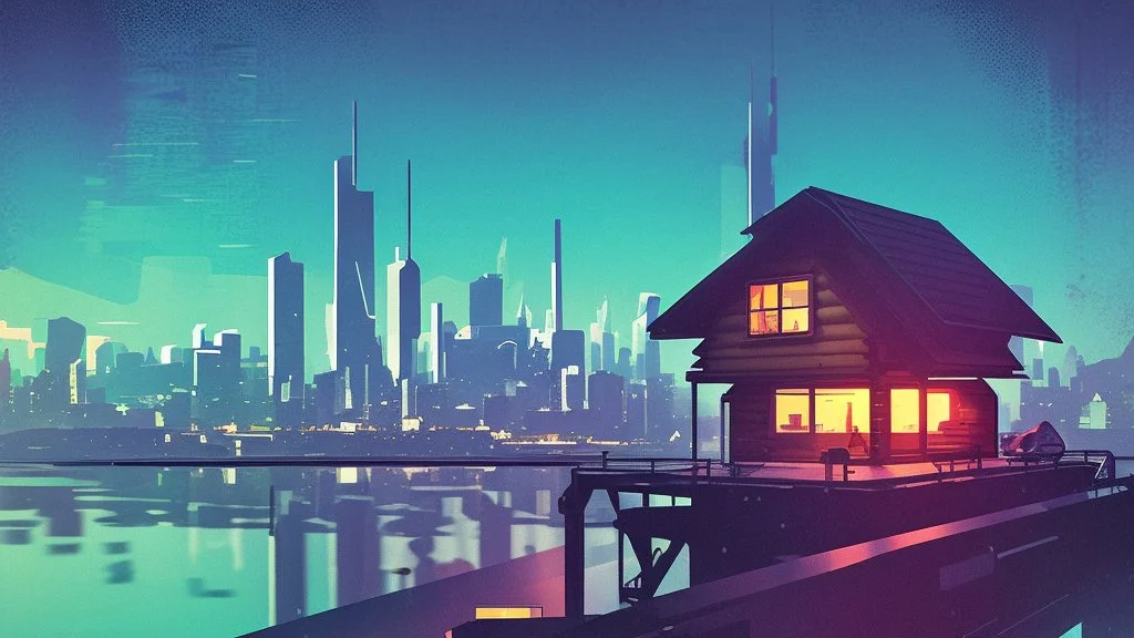 small Wooden European Cabin, In cyberpunk city-skyline, comic style