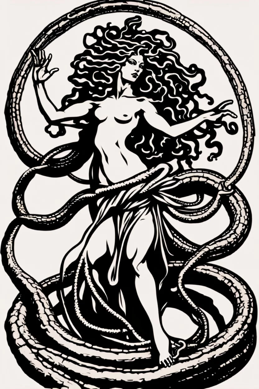 Gorgon medusa in full height, dancing