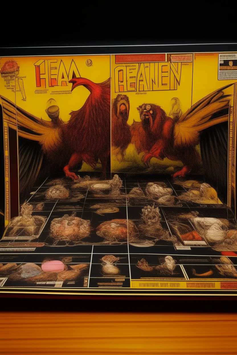 heavy metal chicken movie. japan 1980. board game packaging mockup.