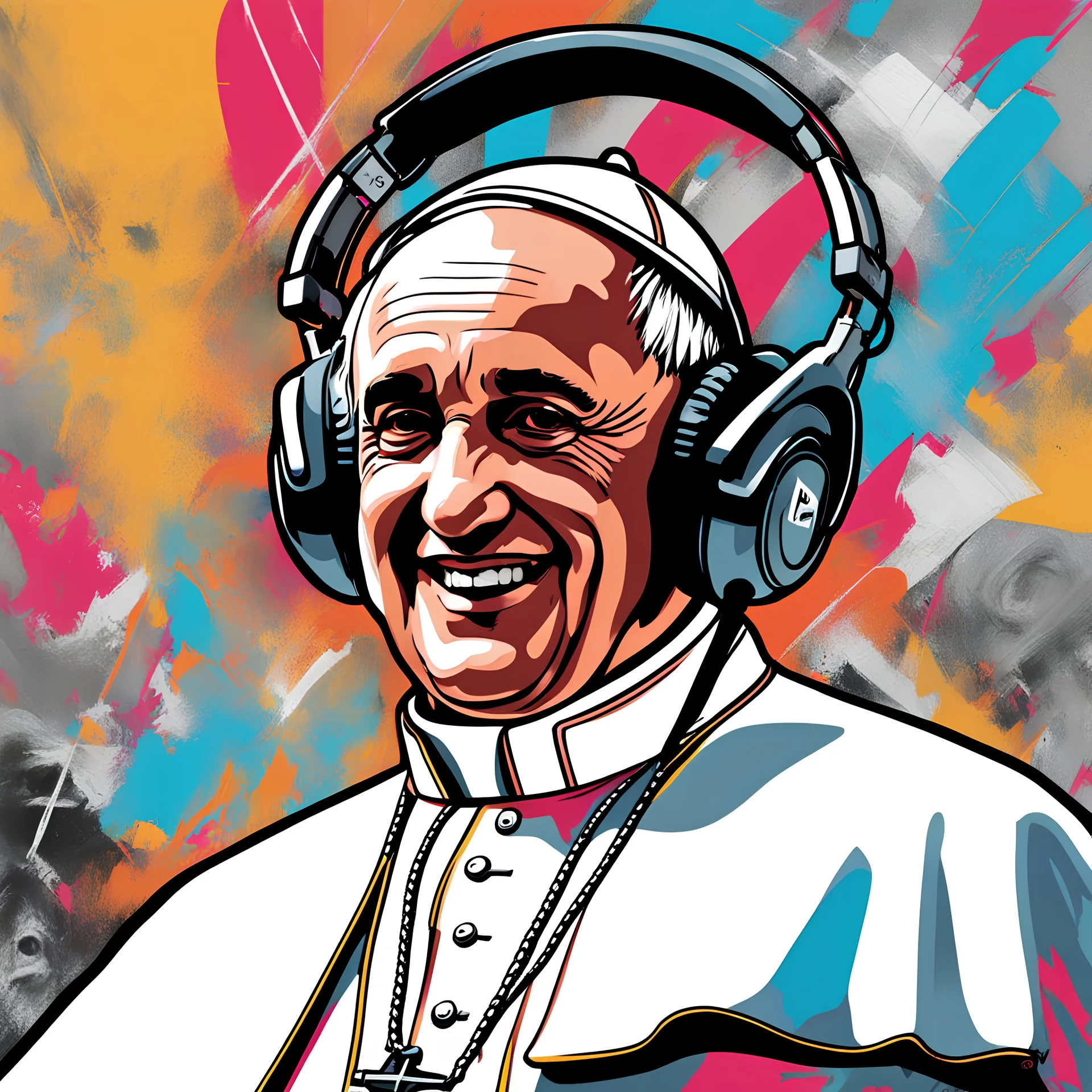 Illustrative sketch of Pope Francis in music with headphones, contrasting colors, ultra quality, hyper detailed, graffiti, concept art, maximalism, 8k