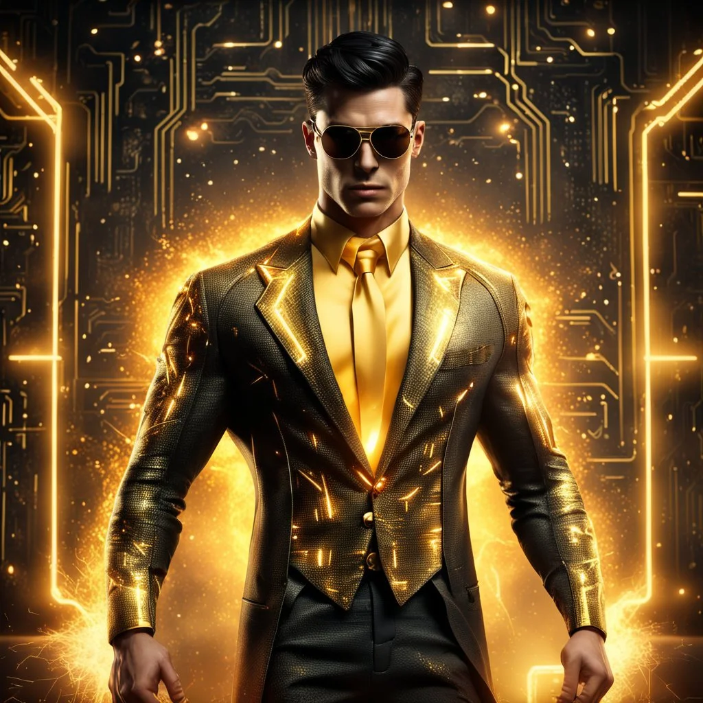 Hyper Realistic handsome muscular Electric-Superhero with short-black-hair wearing long-fancy-golden-tuxedo-with-yellow-circuit-patterns & fancy-sunglasses in a dark-rustic-circuit-room with electric-sparks-&-rays & a massive circuit-board-wall with-glowing-embers showing dramatic & cinematic ambiance.