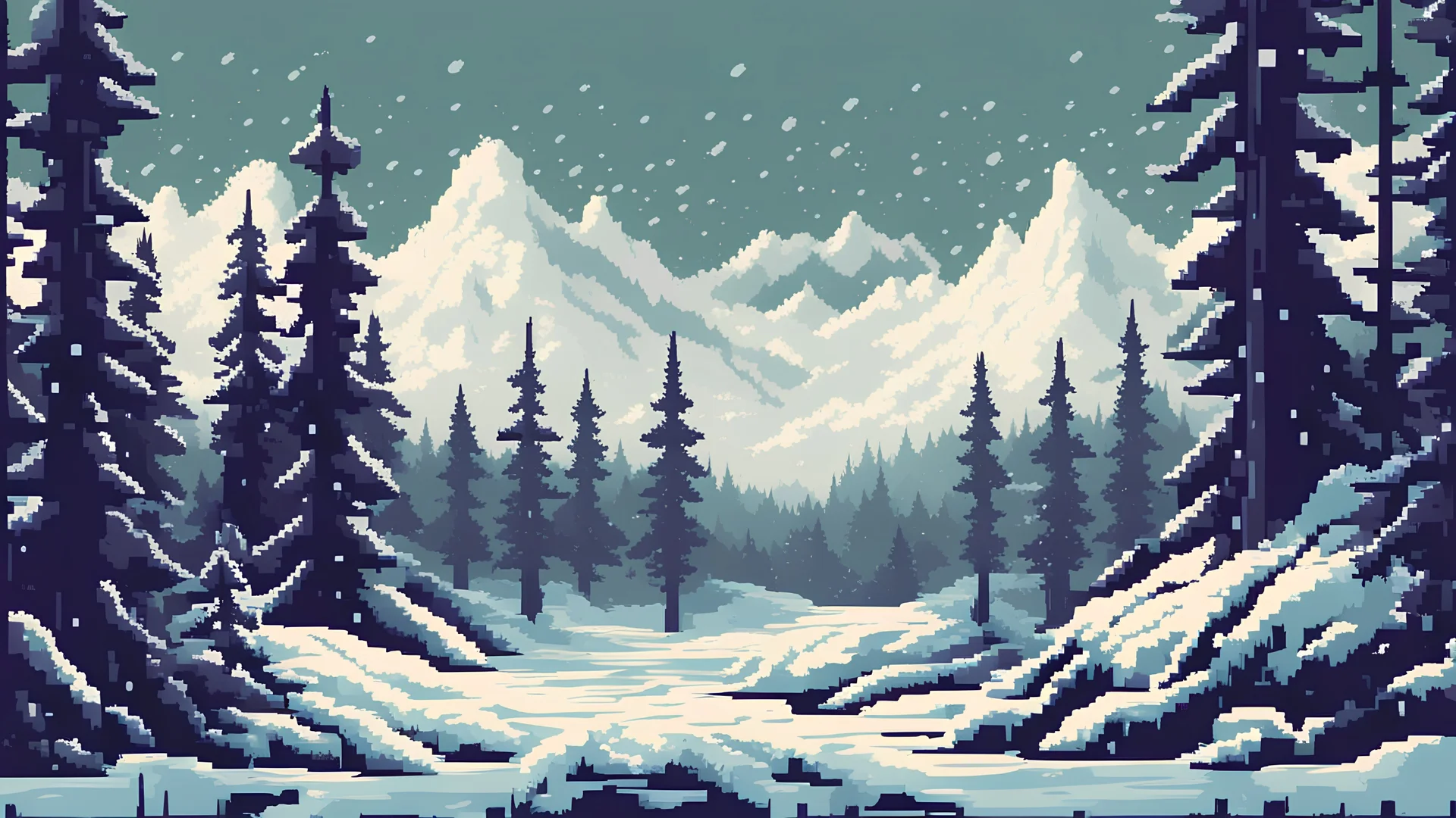 a cold and dangerous environment, forest, harsh snowy, windy, trees, retro pixel art style,