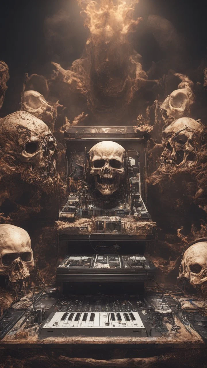 DJ of the damnded, insanely detailed DJ booth in hell, MID set, speakers and equipment made of bone, anatomically correct, add more skulls in th audience, photorealism, vray, 8k 3d