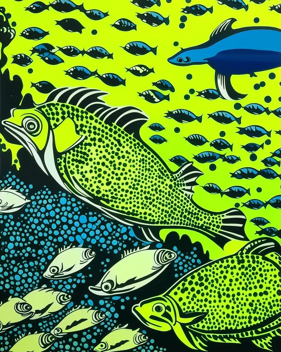 A lime green underwater reef with poisonous fish painted by Roy Lichtenstein
