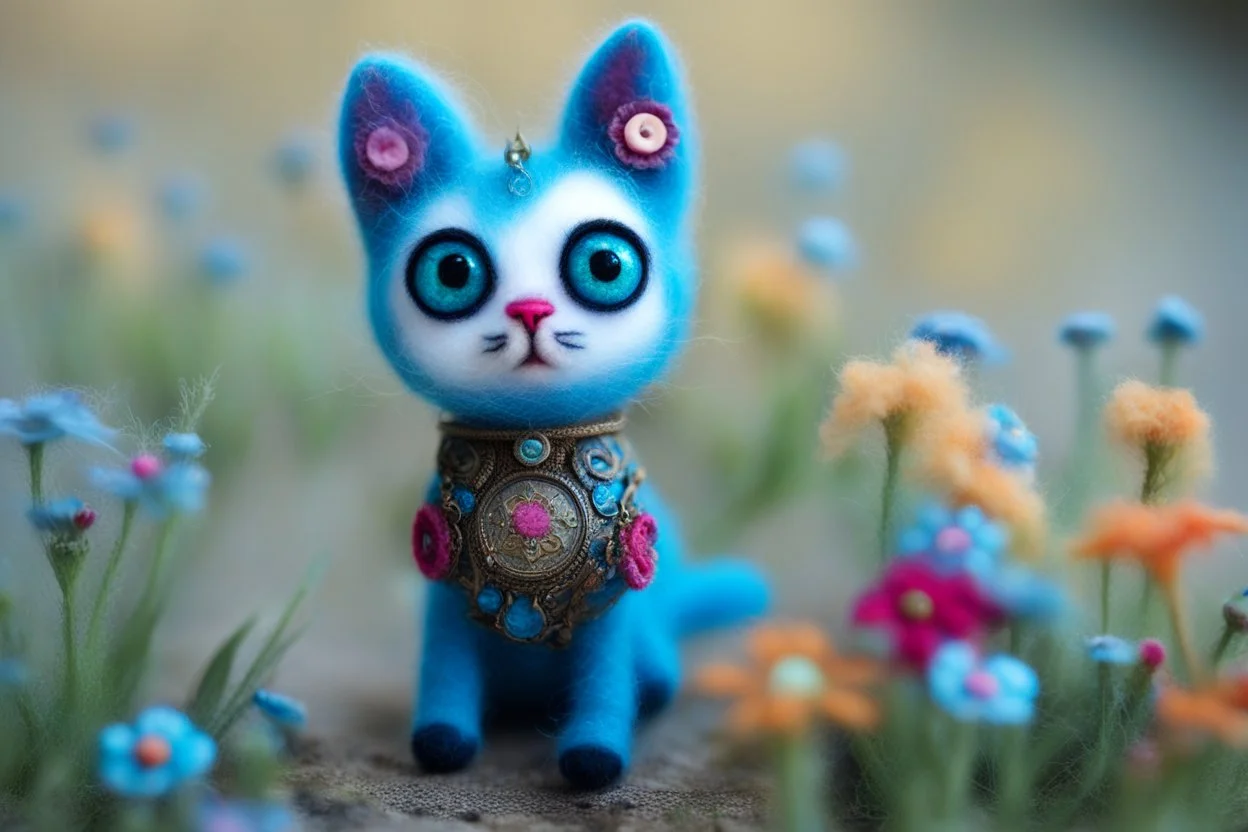 closeup, sharp focus, cute faced happy bioluminescent mohair fantasy steampunk animal cat creature, needle felt, big shiny blue eyes S<AI in sunshine, flower pattern background
