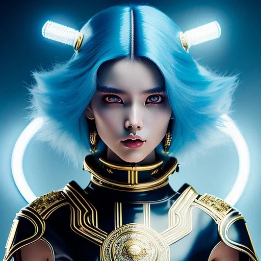 Woman Cyborg samurai, light blue hair, messy hairstyle, pierced ears, oversize latex coat, neon, golden eyes, waist up portrait, 8k resolution, intricate details, ornate details, soft lighting, vibrant colors, masterpiece, intricate eyeliner, dark eyeshadow, eyes, intricate tattoos, gradient color background