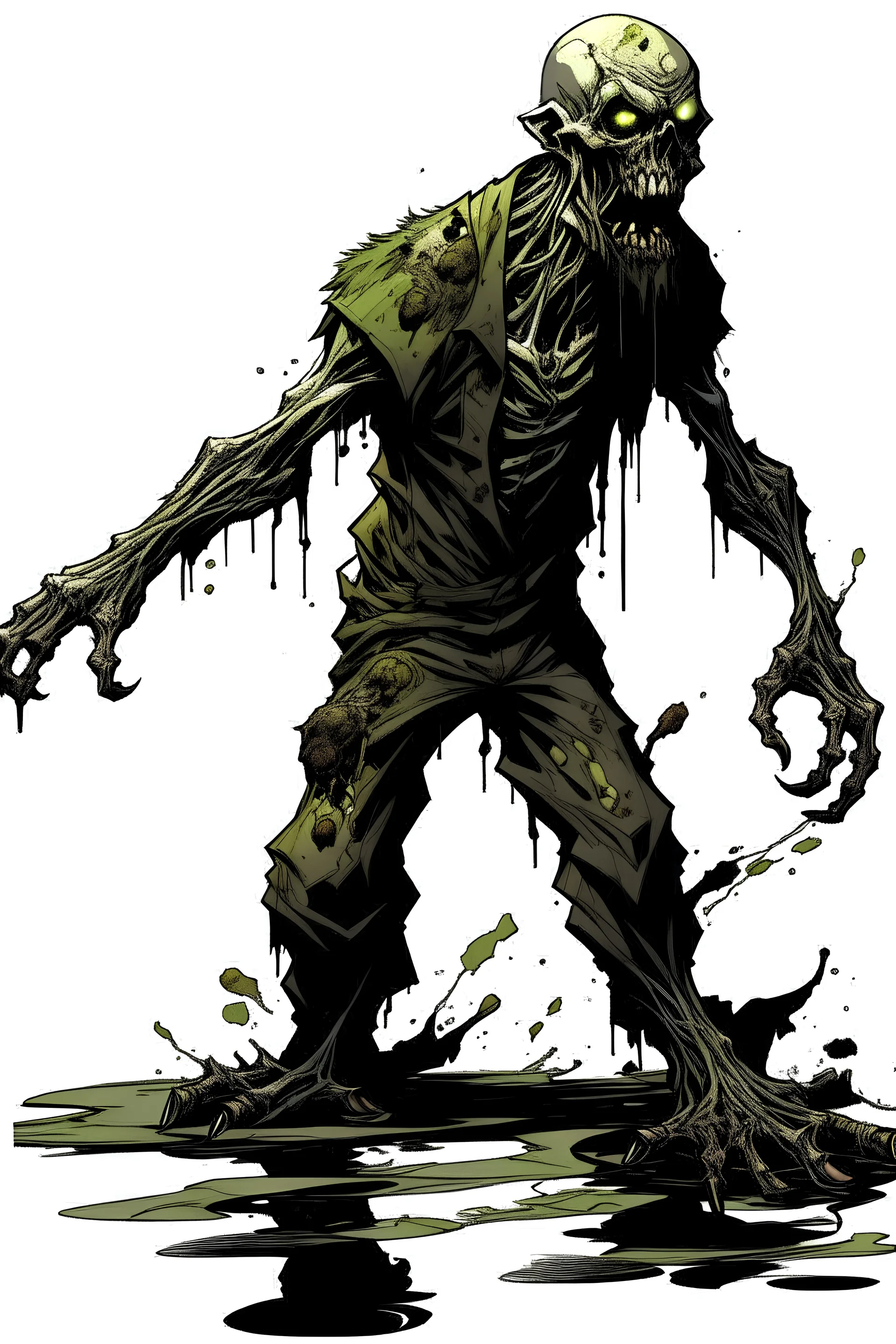 zombie, drooling black liquid, full body, attacking, profile, looking serious, in a comic book, post-apocalypse,