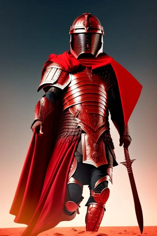 Planet Mars portrayed as a menacing man wearing Roman-like armour, a red cape, and a roman helmet that covers his face entirely, he is armed with a spear and a spartan shield, his armour is covered with battle marks