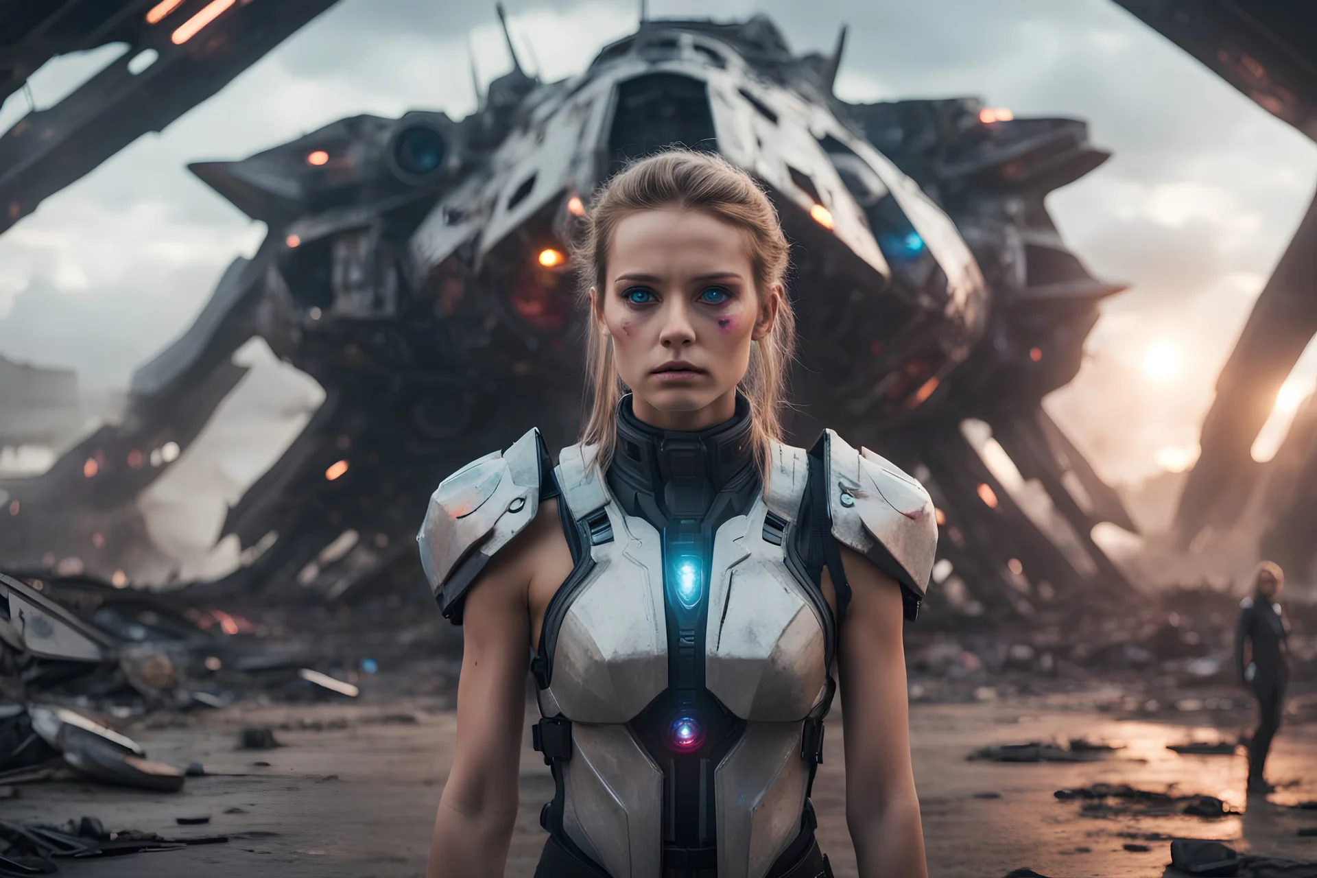 Beautiful girl with rainbow eyes, warrior, strong, sad, resilient, Masterpiece, female, young, best quality, cinematic lighting, futuristic, , standing in front of crashed spaceship, with family of 8 behind her, tough stance.